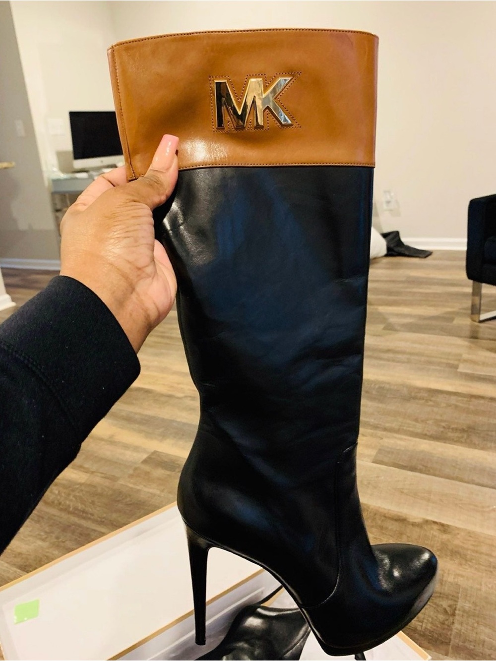 Michael Kors Hayley 5” Black and Brown tan Leather Knee-High Stiletto Boots 10